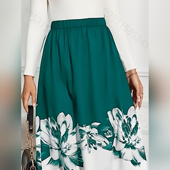 BLACK FRIDAY SALE!!🎁 Full Size Floral Green and White Women's Midi Skirt - Picture 3 of 8